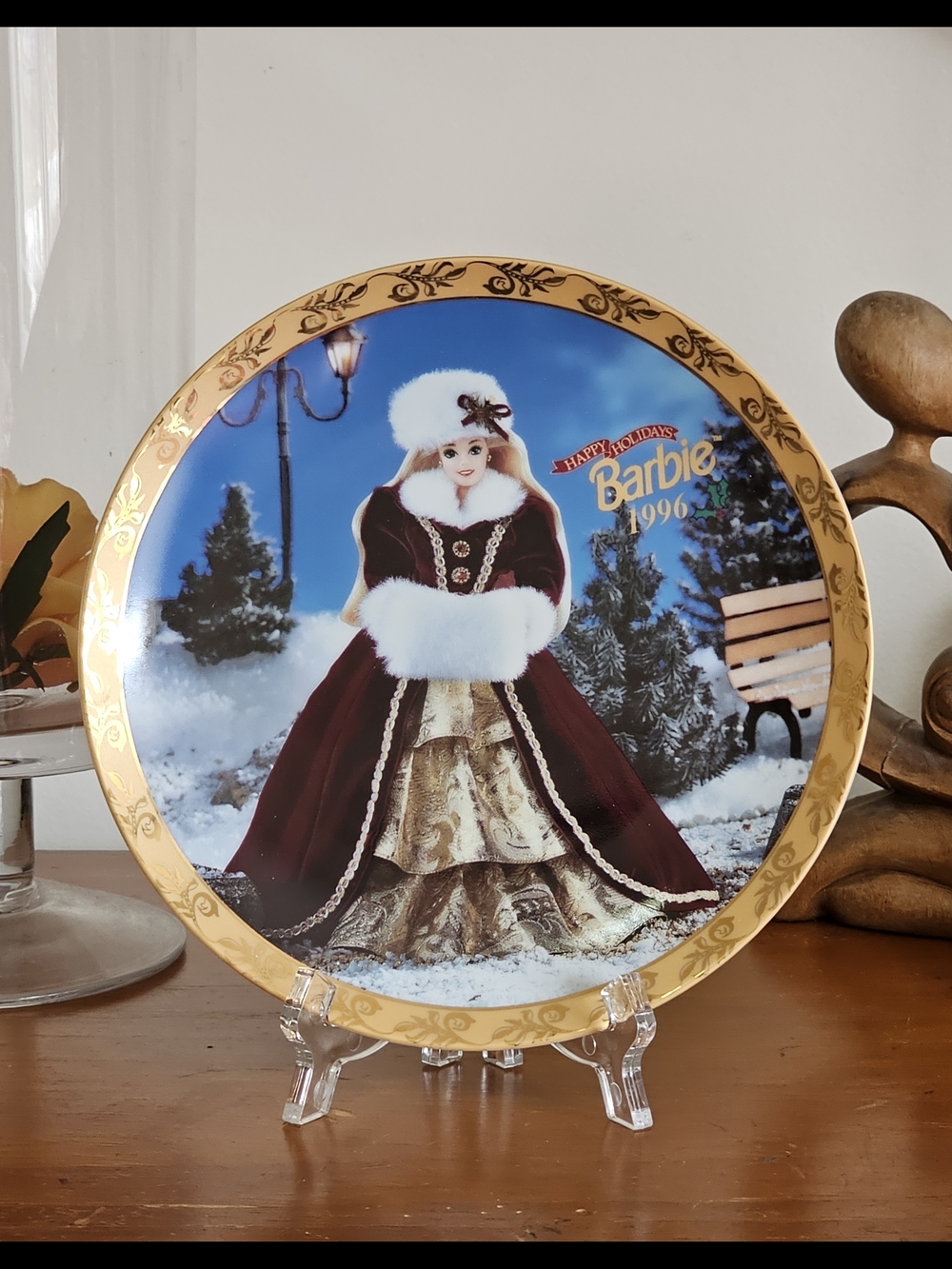 Happy Holidays Barbie 1996 Limited Edition Collector Plate - Burgundy & Gold